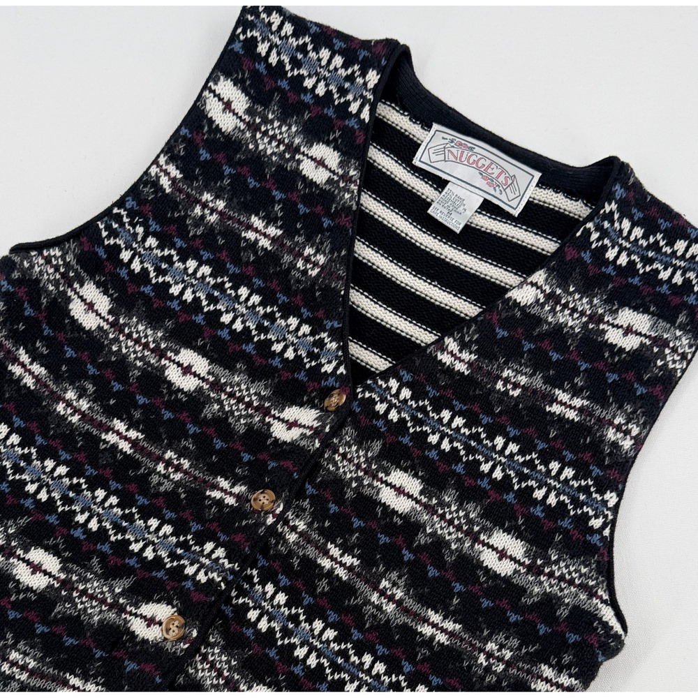 Vintage Nugget Sweater Vest Button Front Stripe Knit Cottagecore M